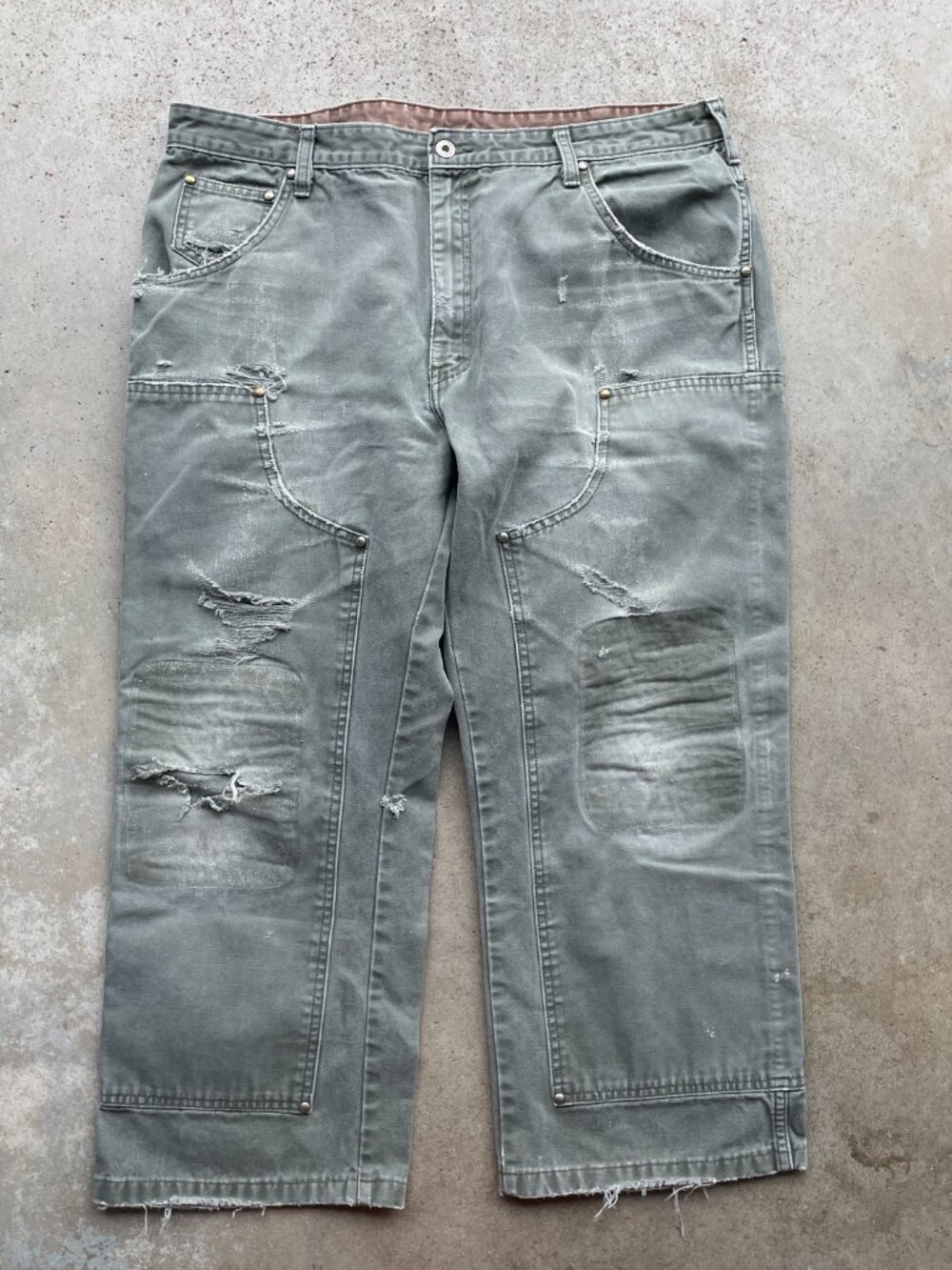 Vtg Dickies Double Knee Pants Men's 38x25 Canvas Olive Green Loose Fit